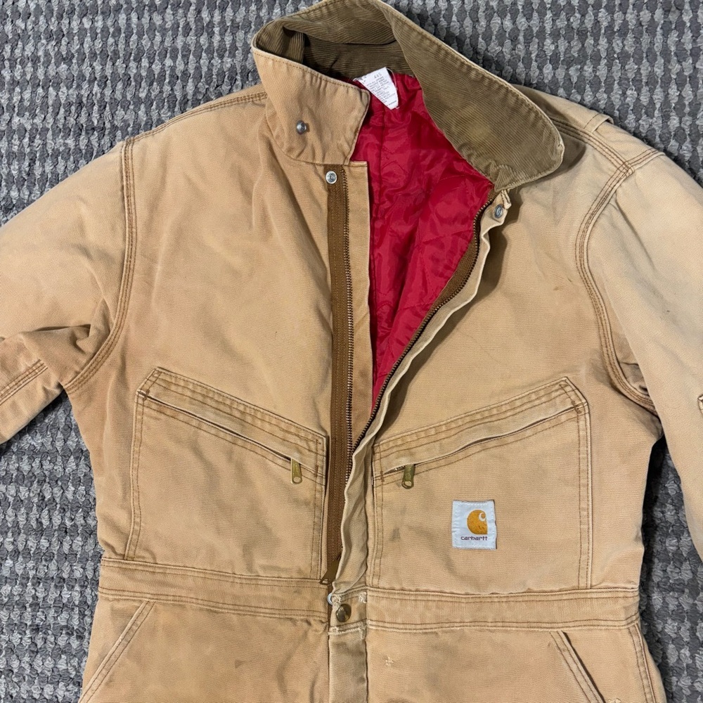 Vintage Carhartt Red quilted Insulated Canvas Coveralls Brown 996QZ 44S USA - Picture 13 of 16